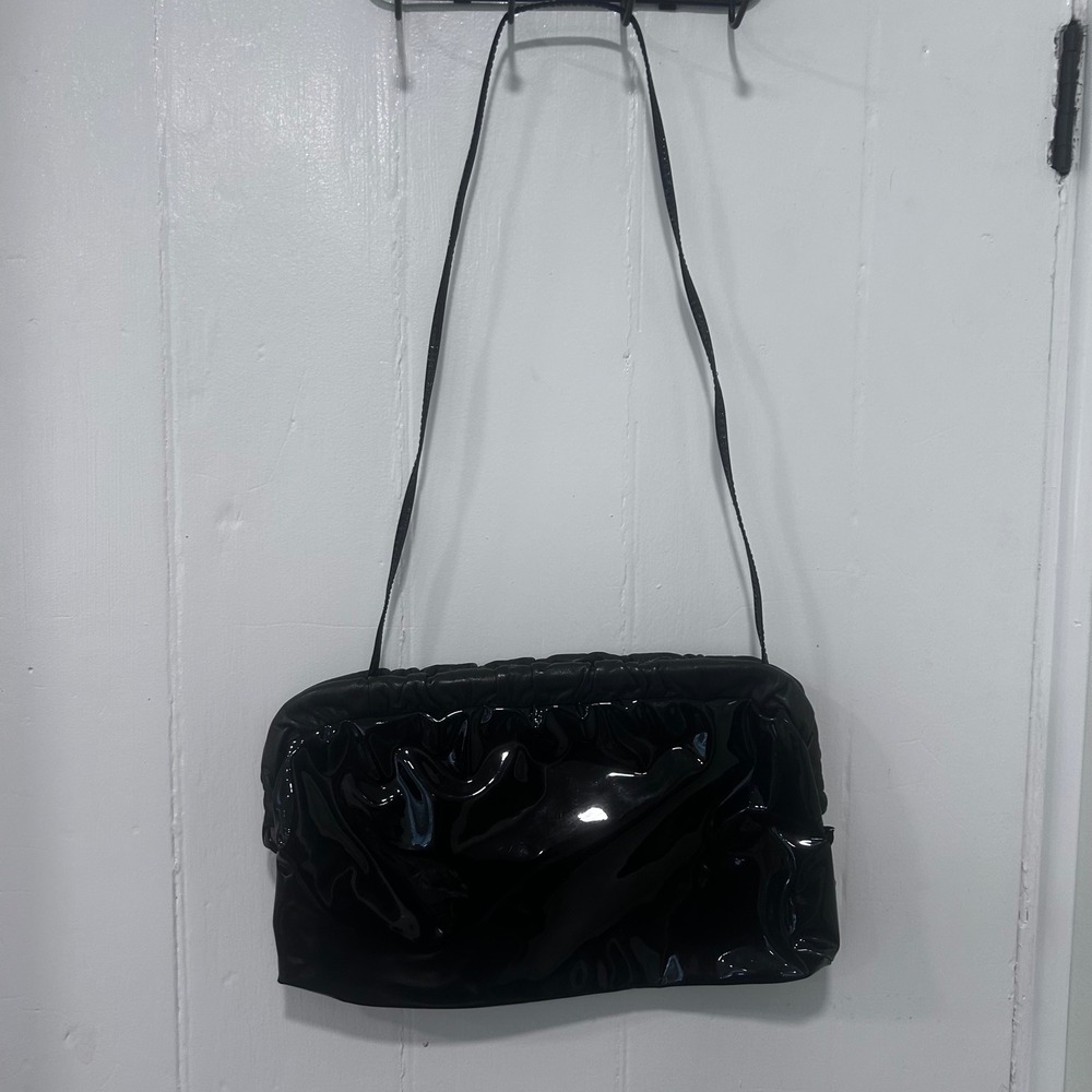 Vintage Black Patent Leather Ruched Frame Shoulder Bag Clutch Evening Purse